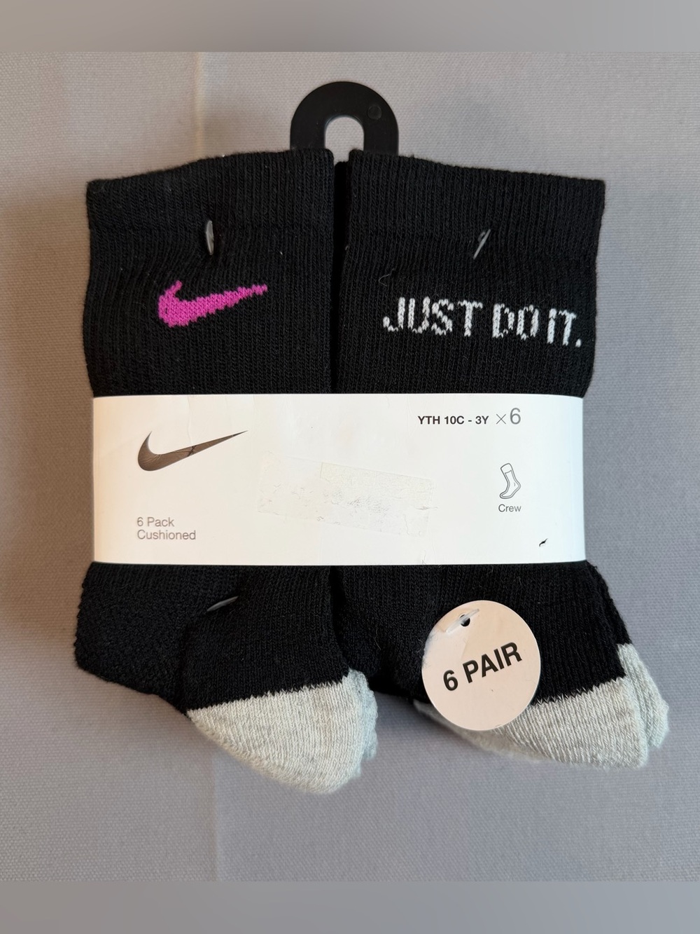 Nike Youth size 10C-3Y 6 Pair Pack of Black Crew Socks With Pink or White Logo